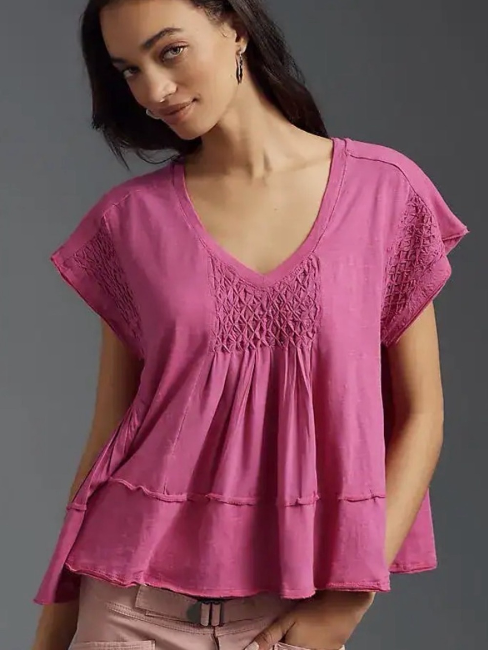 Anthropologie Raspberry Smocked V-Neck Short Sleeve Tee